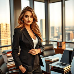 A confident and sophisticated woman lawyer in a stylish suit, standing in a modern office with large windows overlooking a cityscape