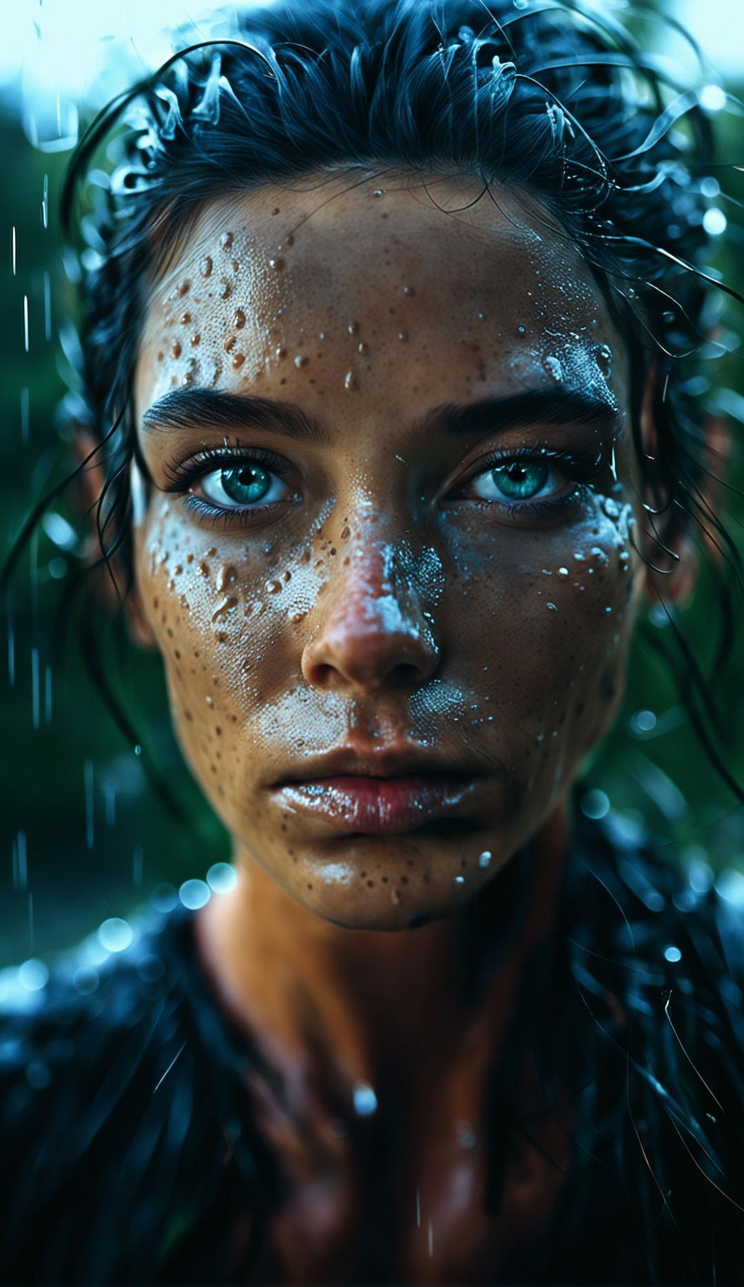 Digital portrait of a woman with sea-green eyes and rain-speckled skin. Her wet hair is in dark strands against a blurred backdrop. A soft light source illuminates her face. Features include water droplets, sharp facial details, contrast between subject and background, emotive eyes, and a tranquil mood. 22mm medium shot.