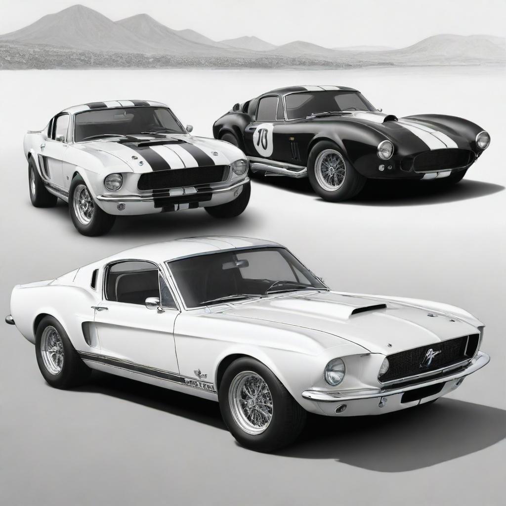 A dynamic, black and white cartoon illustration of a Mustang GT500 Shelby, a Bugatti Type 57 Atlantic, and a Ferrari 250 GTO, suitable for a colouring book cover.