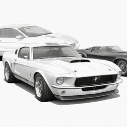 A dynamic, black and white cartoon illustration of a Mustang GT500 Shelby, a Bugatti Type 57 Atlantic, and a Ferrari 250 GTO, suitable for a colouring book cover.