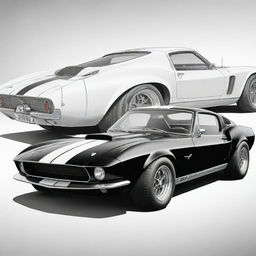 A dynamic, black and white cartoon illustration of a Mustang GT500 Shelby, a Bugatti Type 57 Atlantic, and a Ferrari 250 GTO, suitable for a colouring book cover.