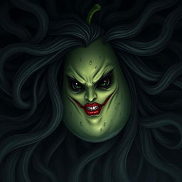 An evil feminine avocado character with striking blood red lips and completely black eyes, exuding an aura of malevolence