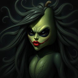 An evil feminine avocado character with striking blood red lips and completely black eyes, exuding an aura of malevolence