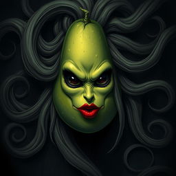An evil feminine avocado character with striking blood red lips and completely black eyes, exuding an aura of malevolence