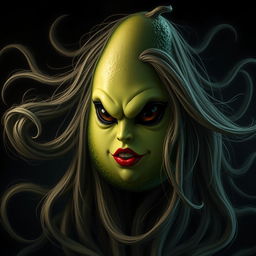 An evil feminine avocado character with striking blood red lips and completely black eyes, exuding an aura of malevolence