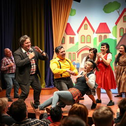 An amusing scene from a theatrical comedy where everything hilariously goes wrong