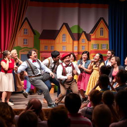 An amusing scene from a theatrical comedy where everything hilariously goes wrong