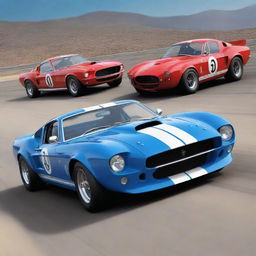 A dynamic and colorful cartoon depiction of a Mustang GT500 Shelby, a Bugatti Type 57 Atlantic, and a Ferrari 250 GTO, competing in a thrilling car race.