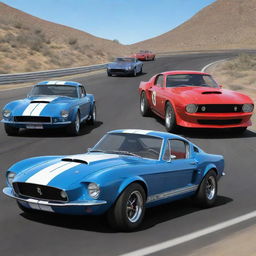 A dynamic and colorful cartoon depiction of a Mustang GT500 Shelby, a Bugatti Type 57 Atlantic, and a Ferrari 250 GTO, competing in a thrilling car race.