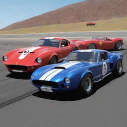 A dynamic and colorful cartoon depiction of a Mustang GT500 Shelby, a Bugatti Type 57 Atlantic, and a Ferrari 250 GTO, competing in a thrilling car race.