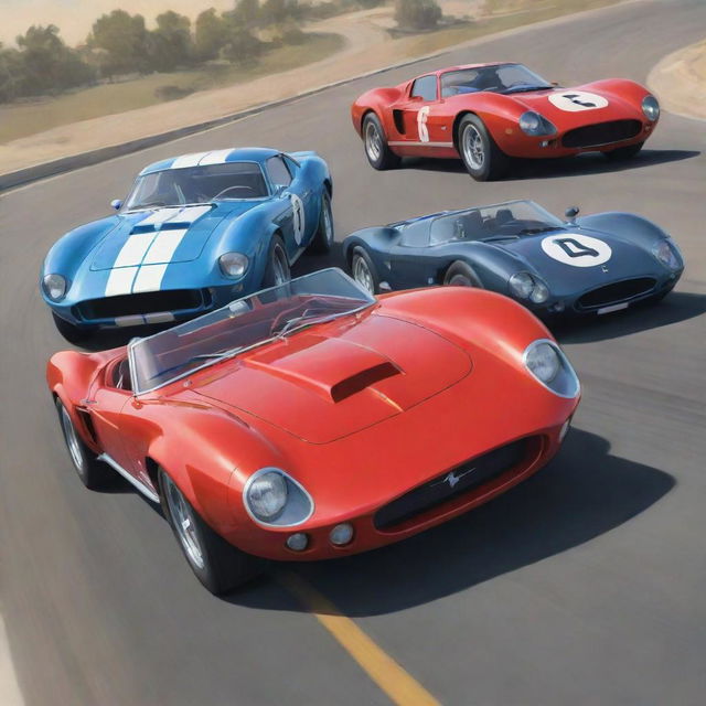 A dynamic and colorful cartoon depiction of a Mustang GT500 Shelby, a Bugatti Type 57 Atlantic, and a Ferrari 250 GTO, competing in a thrilling car race.