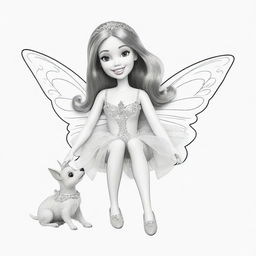 Two-dimensional, black and white cartoon-style colouring page of a Down syndrome Barbie fairy playfully enjoying time with her dog on a white background.