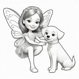 Two-dimensional, black and white cartoon-style colouring page of a Down syndrome Barbie fairy playfully enjoying time with her dog on a white background.