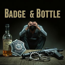 A police badge, a liquor bottle, a service weapon, and handcuffs are prominently displayed in the foreground