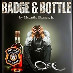 A police badge, a liquor bottle, a service weapon, and handcuffs are prominently displayed in the foreground