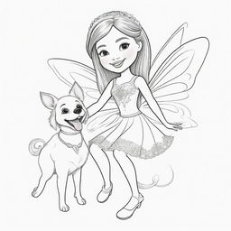 Two-dimensional, black and white cartoon-style colouring page of a Down syndrome Barbie fairy playfully enjoying time with her dog on a white background.