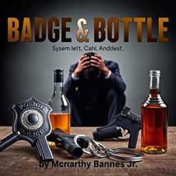 A police badge, a liquor bottle, a service weapon, and handcuffs are prominently displayed in the foreground