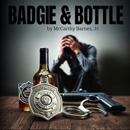 A police badge, a liquor bottle, a service weapon, and handcuffs are prominently displayed in the foreground