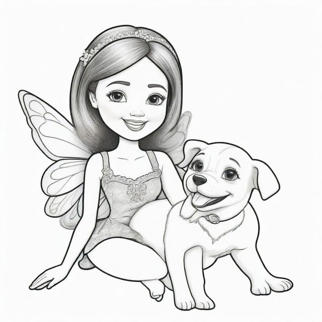 Two-dimensional, black and white cartoon-style colouring page of a Down syndrome Barbie fairy playfully enjoying time with her dog on a white background.