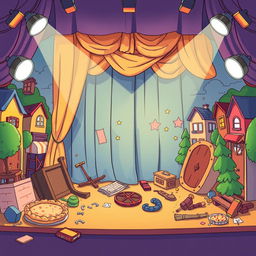 A whimsical illustration of a theatrical comedy stage where everything goes hilariously wrong, without any people present
