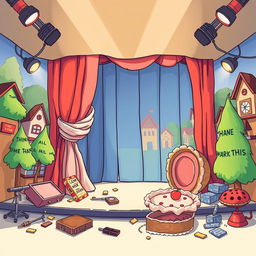 A whimsical illustration of a theatrical comedy stage where everything goes hilariously wrong, without any people present