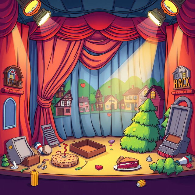 A whimsical illustration of a theatrical comedy stage where everything goes hilariously wrong, without any people present