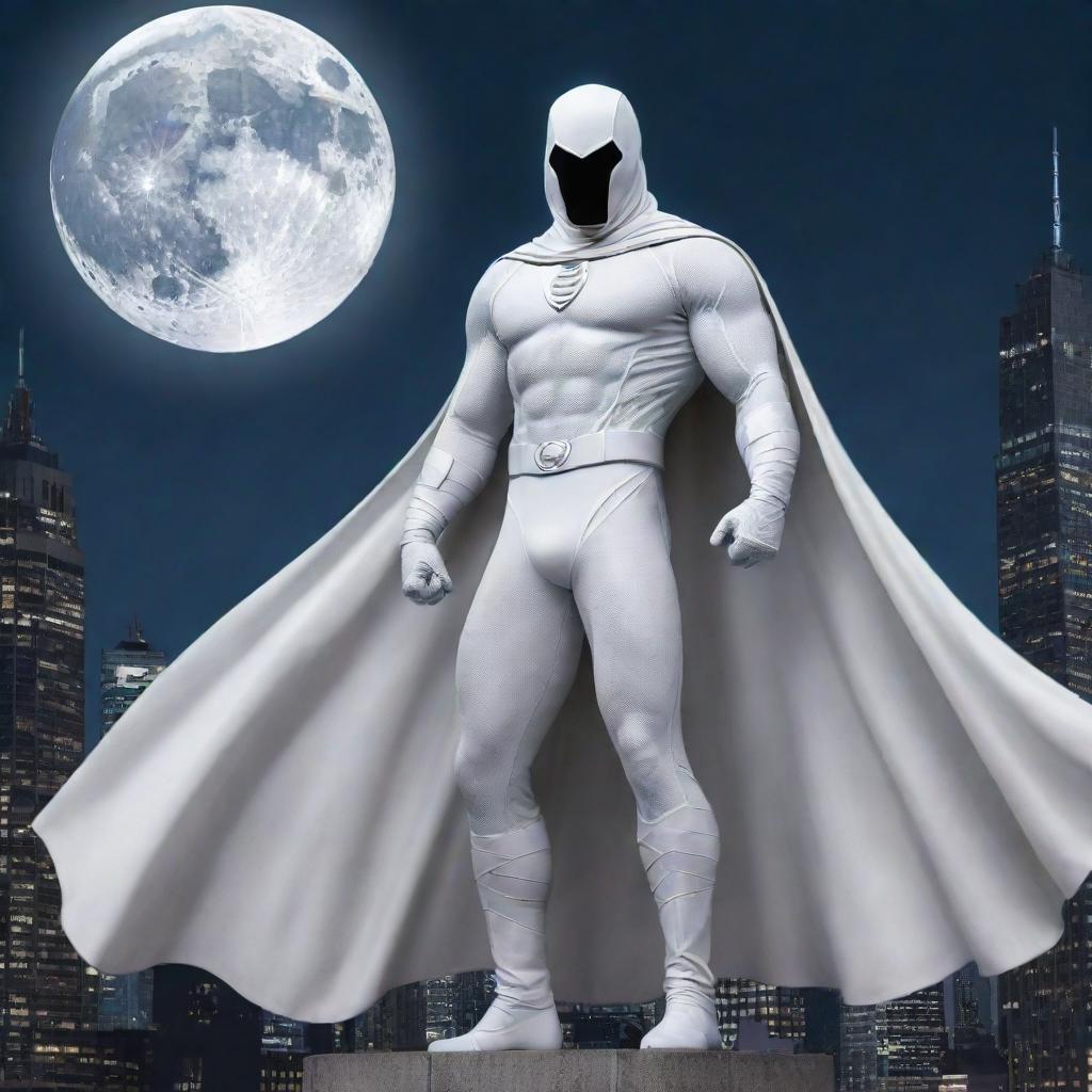 A detailed, powerful image of Moon Knight, Marvel's enigmatic superhero, garbed in his iconic white costume under a full moon. He stands against a cityscape, his cape billowing in the wind as he prepares to combat evil