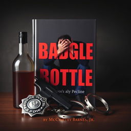 A police badge, a liquor bottle, a service weapon, and handcuffs are prominently arranged in the foreground