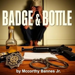 A police badge, a liquor bottle, a service weapon, and handcuffs are prominently arranged in the foreground