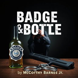 A police badge, a liquor bottle, a service weapon, and handcuffs are prominently arranged in the foreground