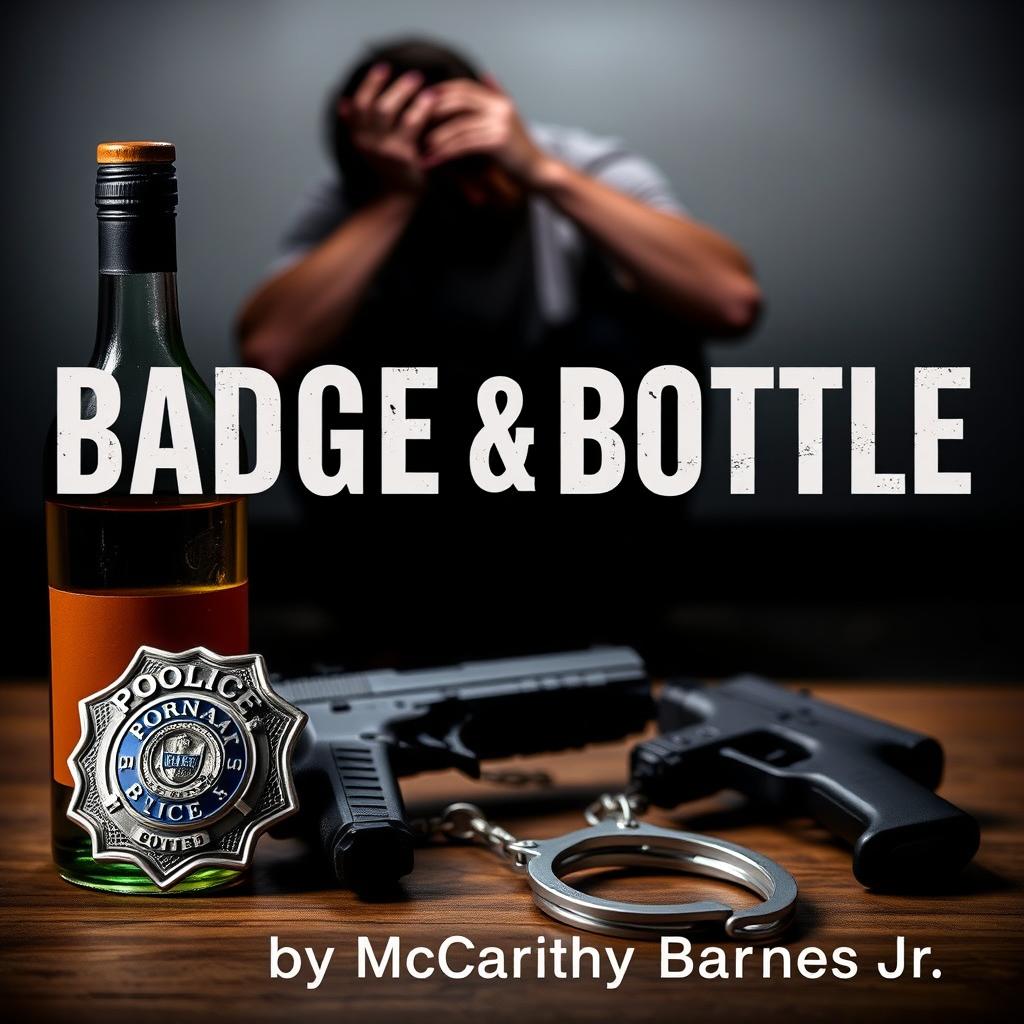 A police badge, a liquor bottle, a service weapon, and handcuffs are prominently arranged in the foreground