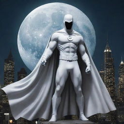 A detailed, powerful image of Moon Knight, Marvel's enigmatic superhero, garbed in his iconic white costume under a full moon. He stands against a cityscape, his cape billowing in the wind as he prepares to combat evil