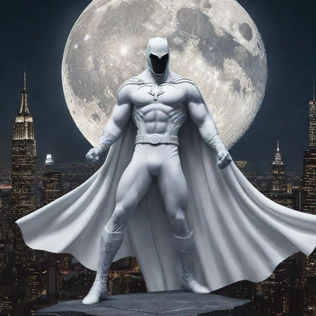 A detailed, powerful image of Moon Knight, Marvel's enigmatic superhero, garbed in his iconic white costume under a full moon. He stands against a cityscape, his cape billowing in the wind as he prepares to combat evil