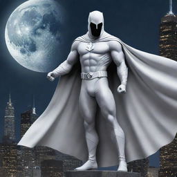 A detailed, powerful image of Moon Knight, Marvel's enigmatic superhero, garbed in his iconic white costume under a full moon. He stands against a cityscape, his cape billowing in the wind as he prepares to combat evil