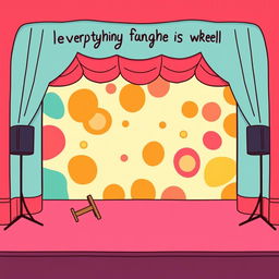 A minimalist illustration for a movie poster depicting a comedic theater stage where everything hilariously goes wrong, without any characters present