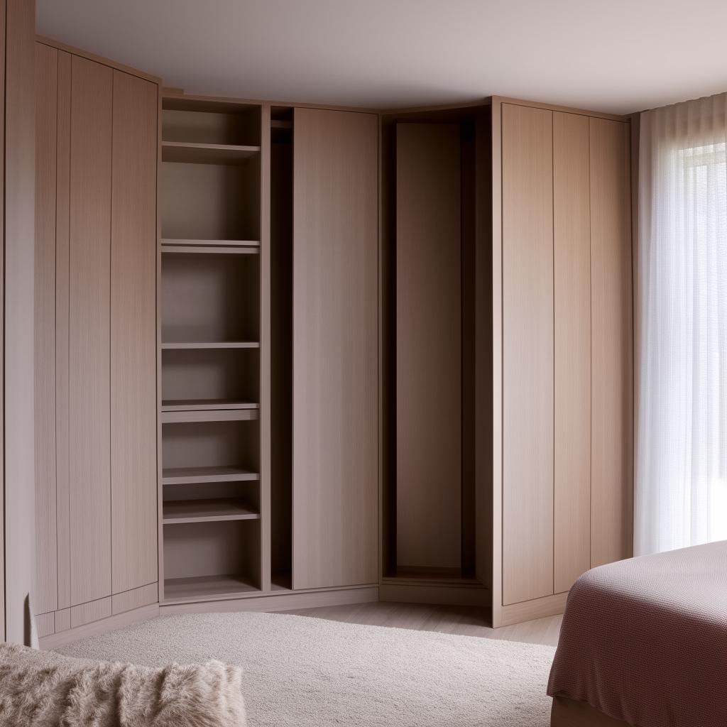 A cozy, elegantly furnished bedroom featuring a large, stylish wardrobe. The interior design incorporates harmonious colors and textures, accentuating comfort and functionality.