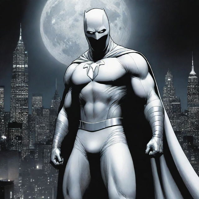 Illustrate a dramatic image of Moon Knight, the mysterious Marvel superhero. He is clad in his classic, silver-and-white suit, poised against a moonlit cityscape, ready to rise against the forces of evil