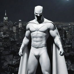 Illustrate a dramatic image of Moon Knight, the mysterious Marvel superhero. He is clad in his classic, silver-and-white suit, poised against a moonlit cityscape, ready to rise against the forces of evil