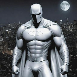 Illustrate a dramatic image of Moon Knight, the mysterious Marvel superhero. He is clad in his classic, silver-and-white suit, poised against a moonlit cityscape, ready to rise against the forces of evil