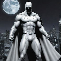 Illustrate a dramatic image of Moon Knight, the mysterious Marvel superhero. He is clad in his classic, silver-and-white suit, poised against a moonlit cityscape, ready to rise against the forces of evil