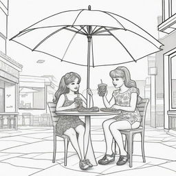 Two-dimensional, black and white cartoon-style colouring page of a Down syndrome Barbie fairy sitting under an umbrella at a restaurant, eating pizza and drinking coke with her boyfriend on a white background.