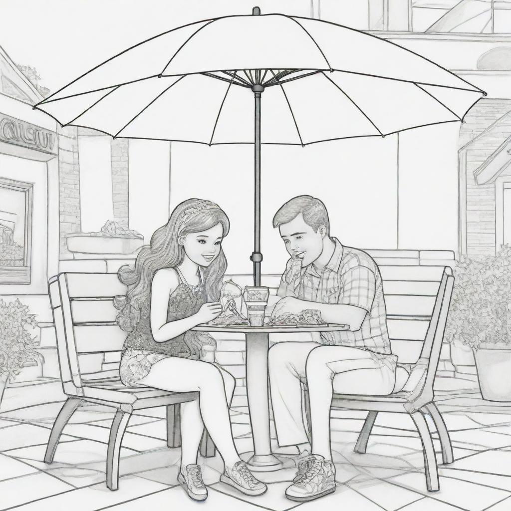 Two-dimensional, black and white cartoon-style colouring page of a Down syndrome Barbie fairy sitting under an umbrella at a restaurant, eating pizza and drinking coke with her boyfriend on a white background.