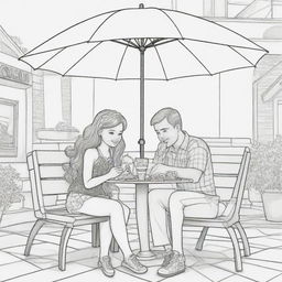 Two-dimensional, black and white cartoon-style colouring page of a Down syndrome Barbie fairy sitting under an umbrella at a restaurant, eating pizza and drinking coke with her boyfriend on a white background.