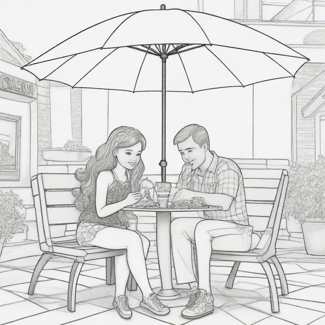 Two-dimensional, black and white cartoon-style colouring page of a Down syndrome Barbie fairy sitting under an umbrella at a restaurant, eating pizza and drinking coke with her boyfriend on a white background.