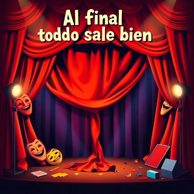 A vibrant comedy theater poster for a fictional theater company titled "Al final todo sale bien"