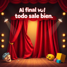 A vibrant comedy theater poster for a fictional theater company titled "Al final todo sale bien"