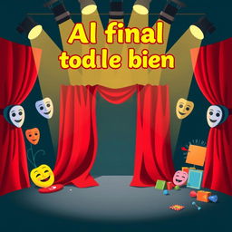 A vibrant comedy theater poster for a fictional theater company titled "Al final todo sale bien"