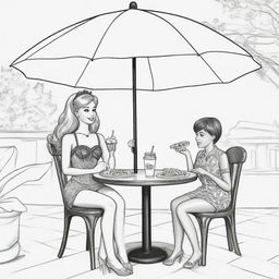 Two-dimensional, black and white cartoon-style colouring page of a Down syndrome Barbie fairy sitting under an umbrella at a restaurant, eating pizza and drinking coke with her boyfriend on a white background.