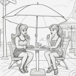 Two-dimensional, black and white cartoon-style colouring page of a Down syndrome Barbie fairy sitting under an umbrella at a restaurant, eating pizza and drinking coke with her boyfriend on a white background.