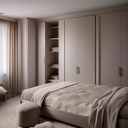 A cozy, elegantly furnished bedroom featuring a large, stylish wardrobe. The interior design incorporates harmonious colors and textures, accentuating comfort and functionality.